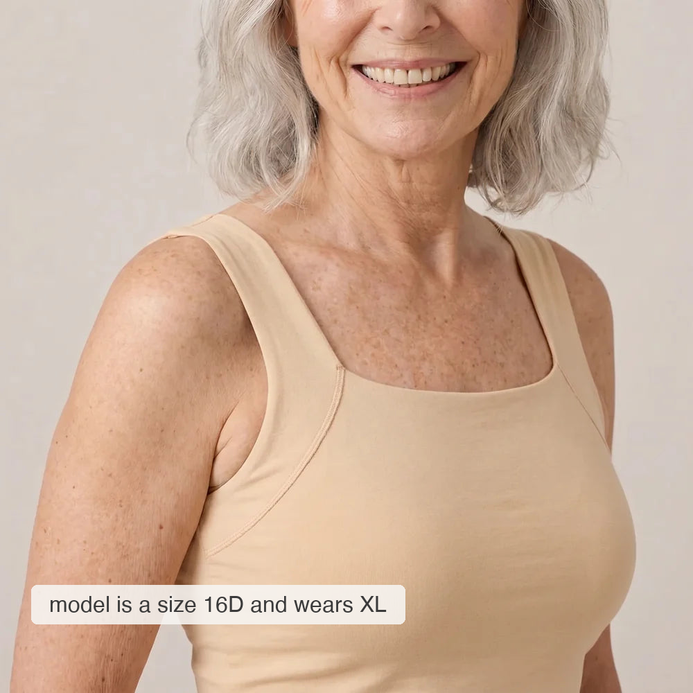Oriana Comfort Bra Tank - model is a size 16D and wears XL